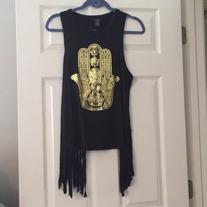 rue21 Black Tank w/Fringe & Gold Hasma, Size M